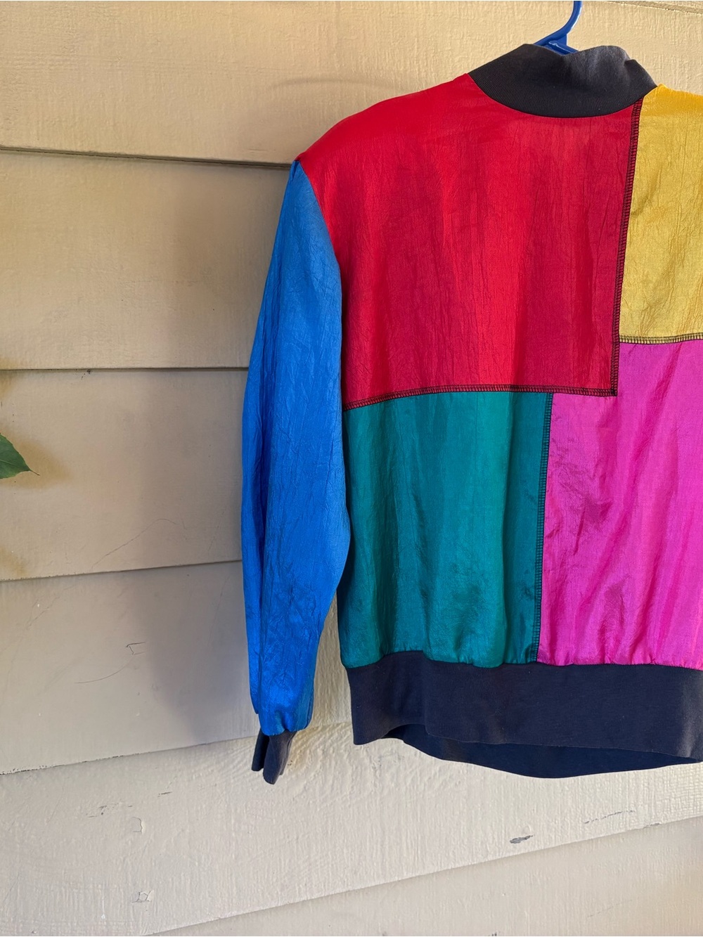 Colorblock Button-Up Pullover Blouse - Black with Blue, Red & Yellow Accents